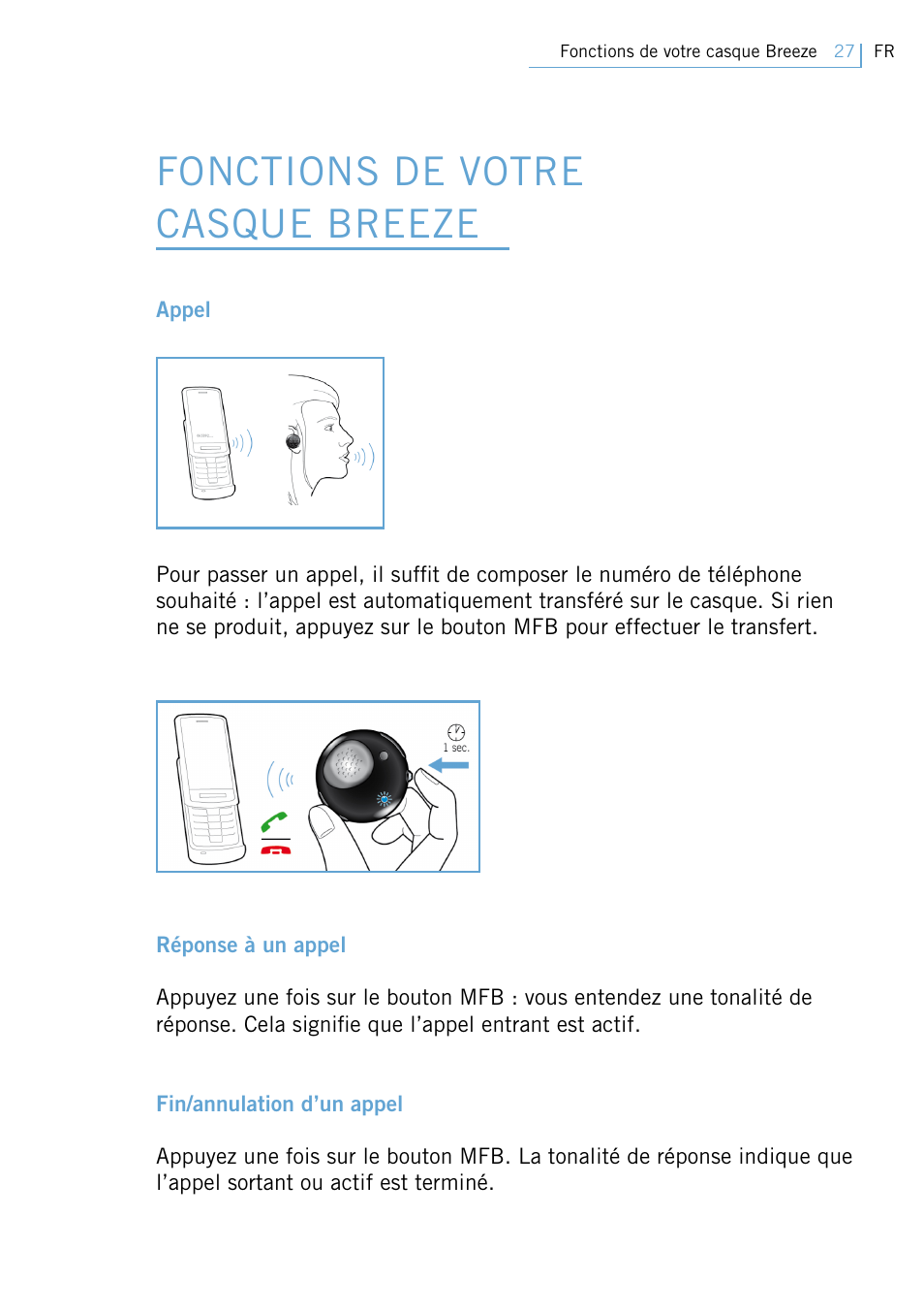 Fonctions de votre casque breeze | Philips Swarovski Bluetooth a la moda User Manual | Page 29 / 194