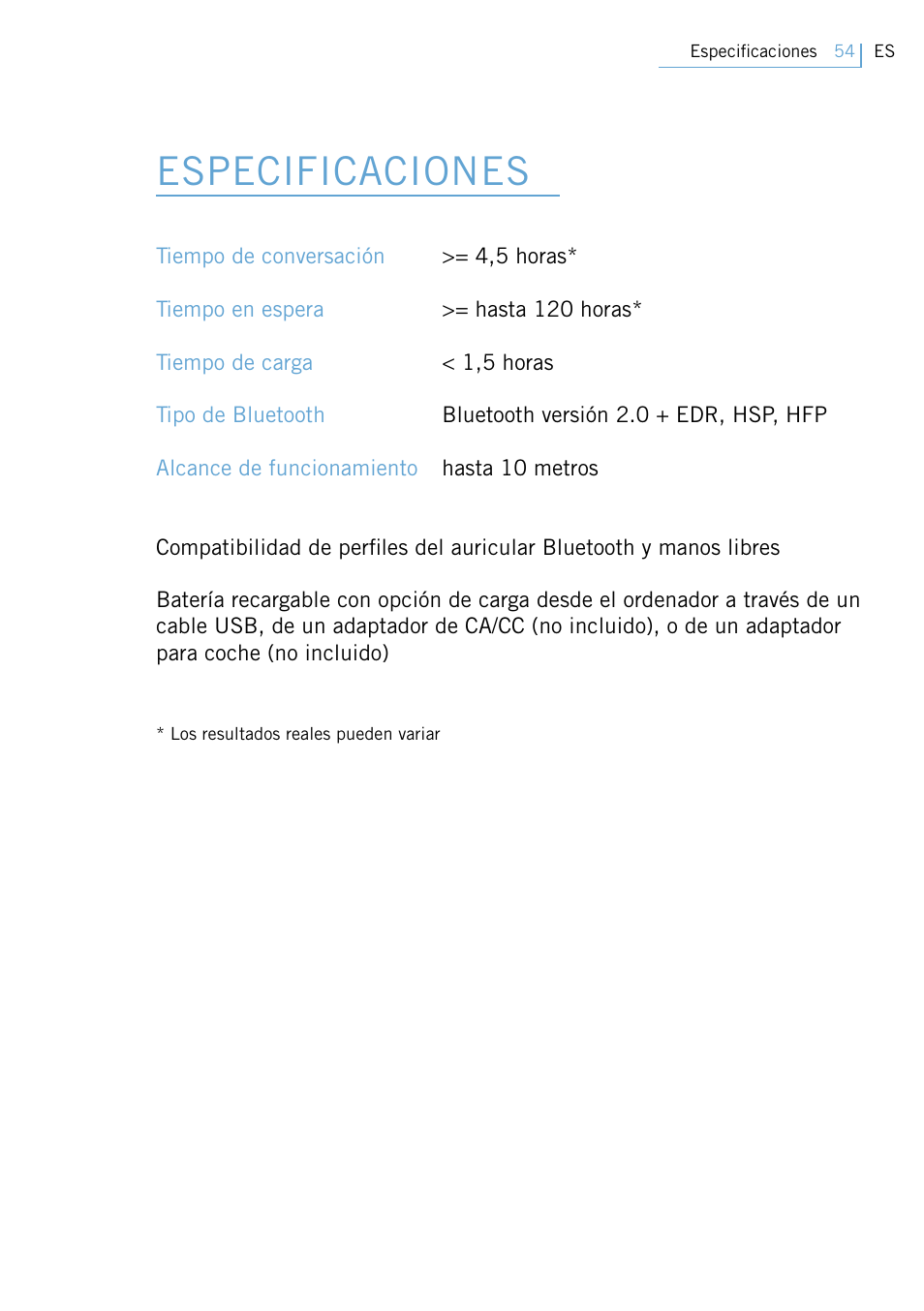 Especificaciones | Philips Swarovski Bluetooth a la moda User Manual | Page 56 / 194