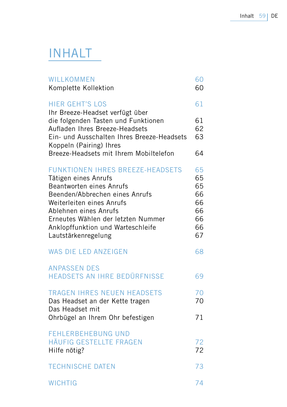 Bedienungsanleitung, Inhalt | Philips Swarovski Bluetooth a la moda User Manual | Page 61 / 194