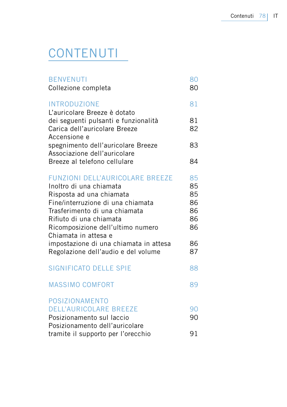 Istruzioni per l’uso, Contenuti | Philips Swarovski Bluetooth a la moda User Manual | Page 80 / 194