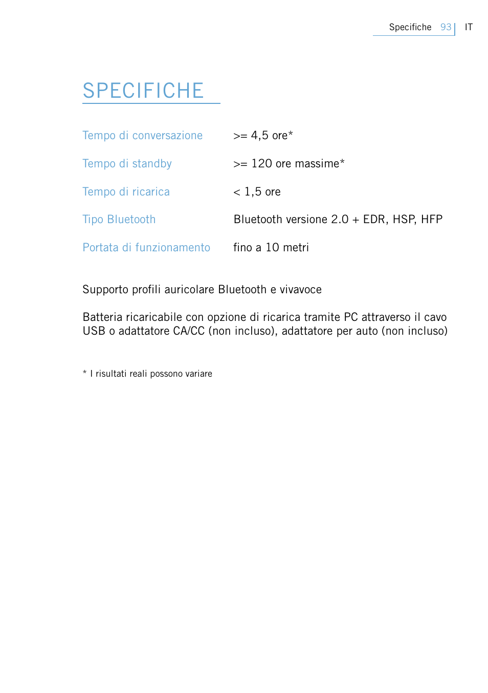 Specifiche | Philips Swarovski Bluetooth a la moda User Manual | Page 95 / 194