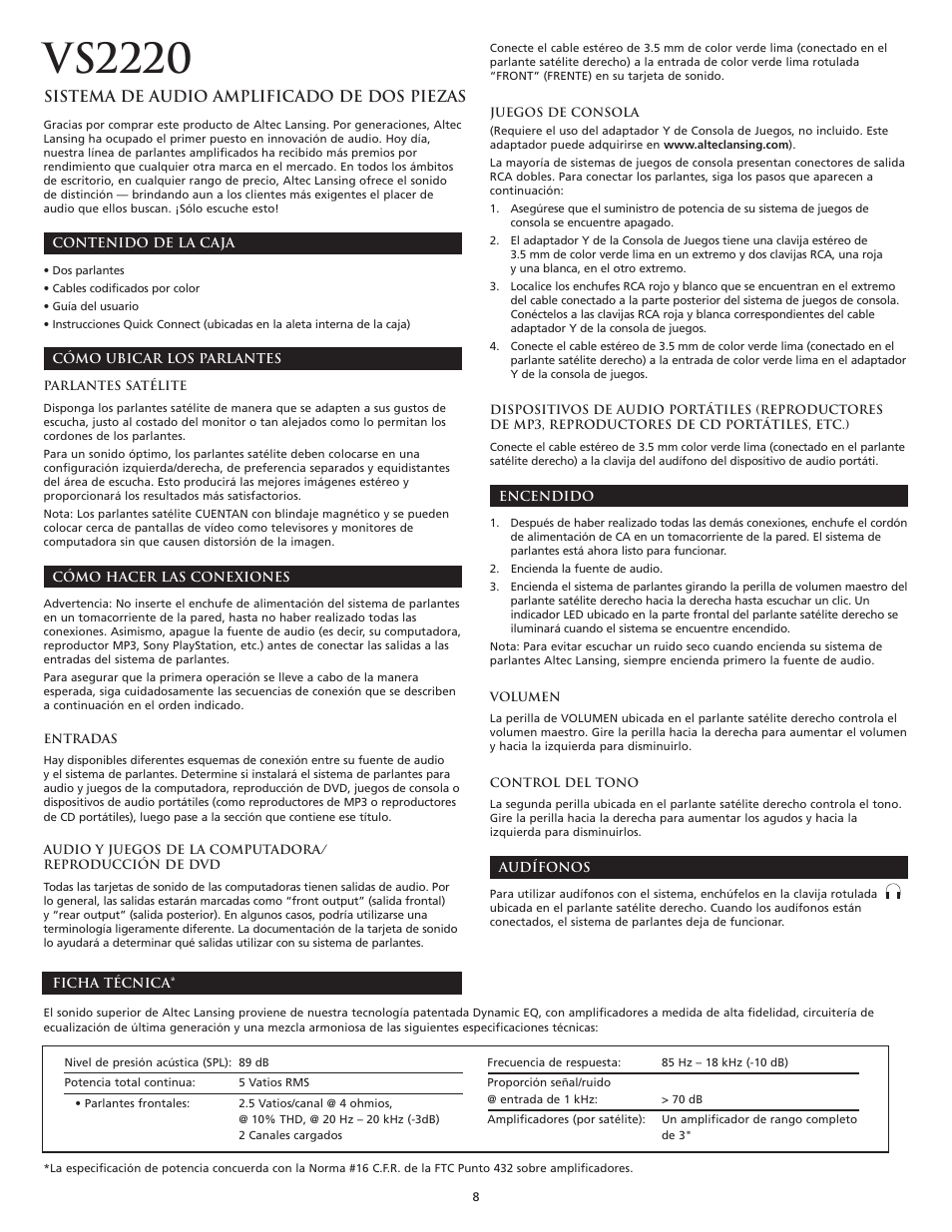 Vs2220 | Altec Lansing VS2220 User Manual | Page 10 / 16