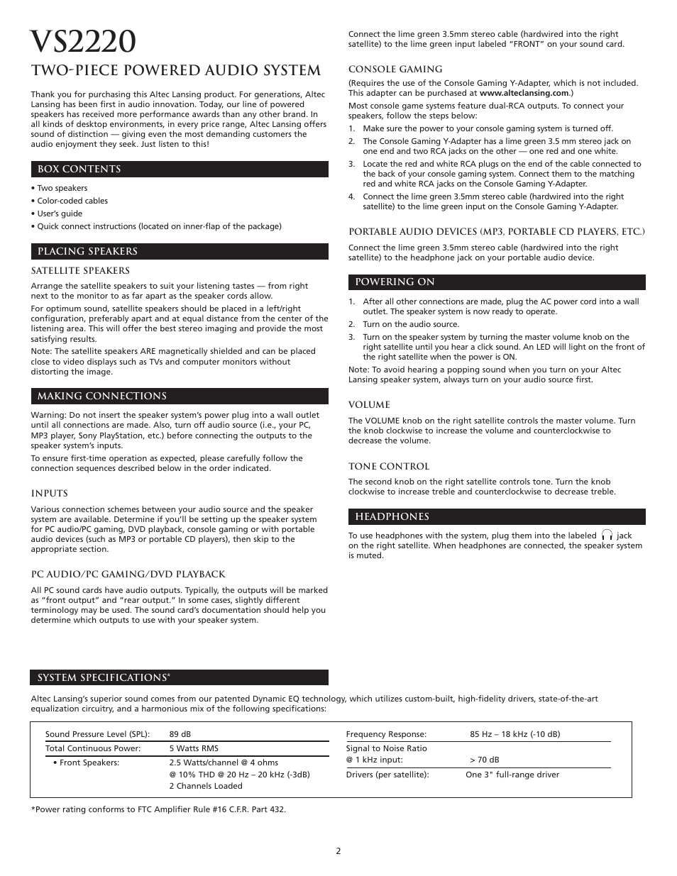 Vs2220, Two-piece powered audio system | Altec Lansing VS2220 User Manual | Page 4 / 16