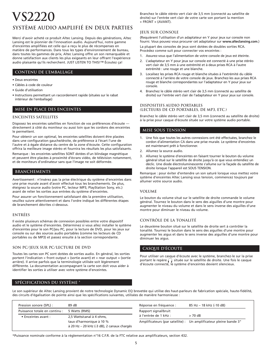 Vs2220, Système audio amplifié en deux parties | Altec Lansing VS2220 User Manual | Page 7 / 16