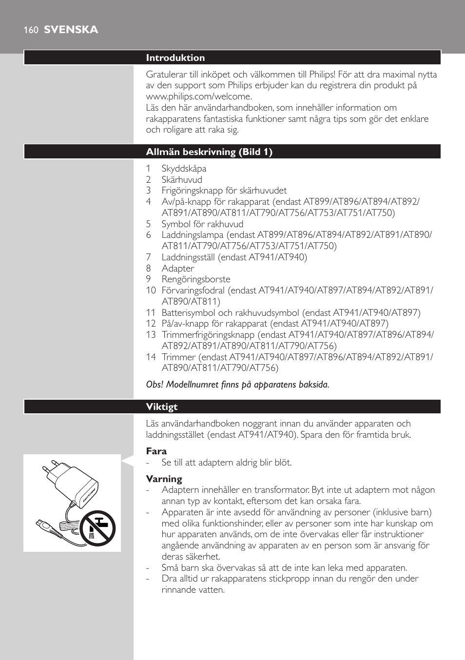 Svenska, Svenska 1 | Philips NIVEA AquaTouch afeitadora eléctrica en mojado y seco User Manual | Page 160 / 190