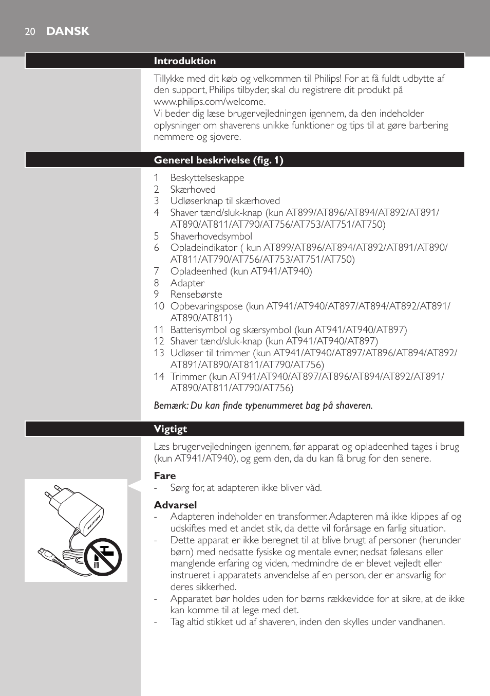 Dansk | Philips NIVEA AquaTouch afeitadora eléctrica en mojado y seco User Manual | Page 20 / 190