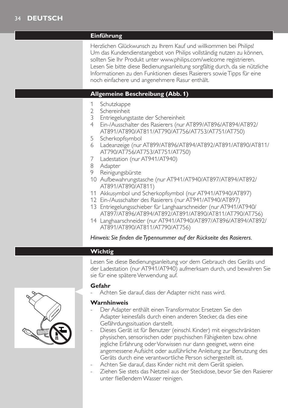 Deutsch, Deutsch 34 | Philips NIVEA AquaTouch afeitadora eléctrica en mojado y seco User Manual | Page 34 / 190