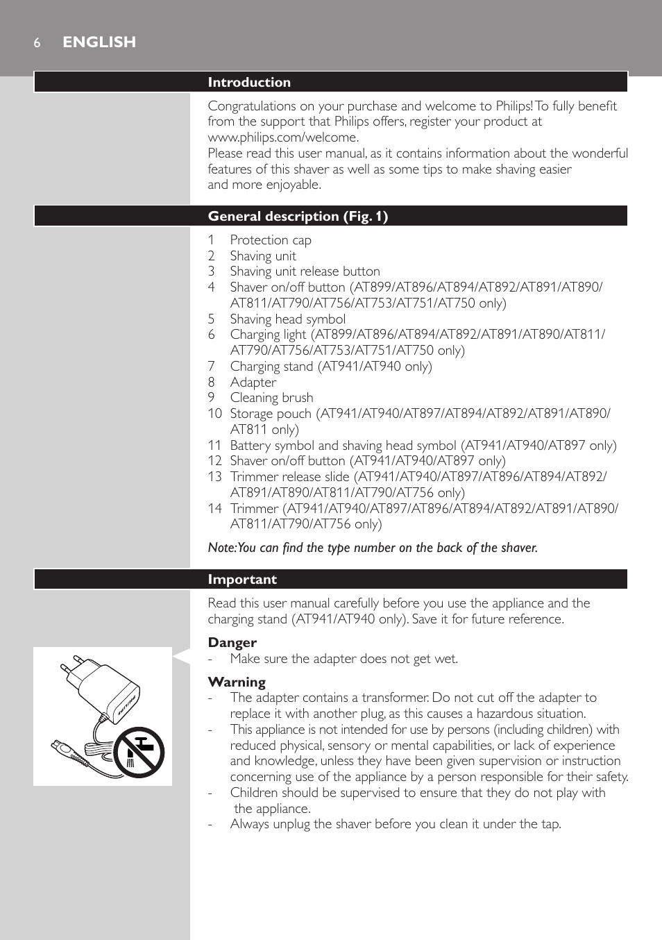 English | Philips NIVEA AquaTouch afeitadora eléctrica en mojado y seco User Manual | Page 6 / 190