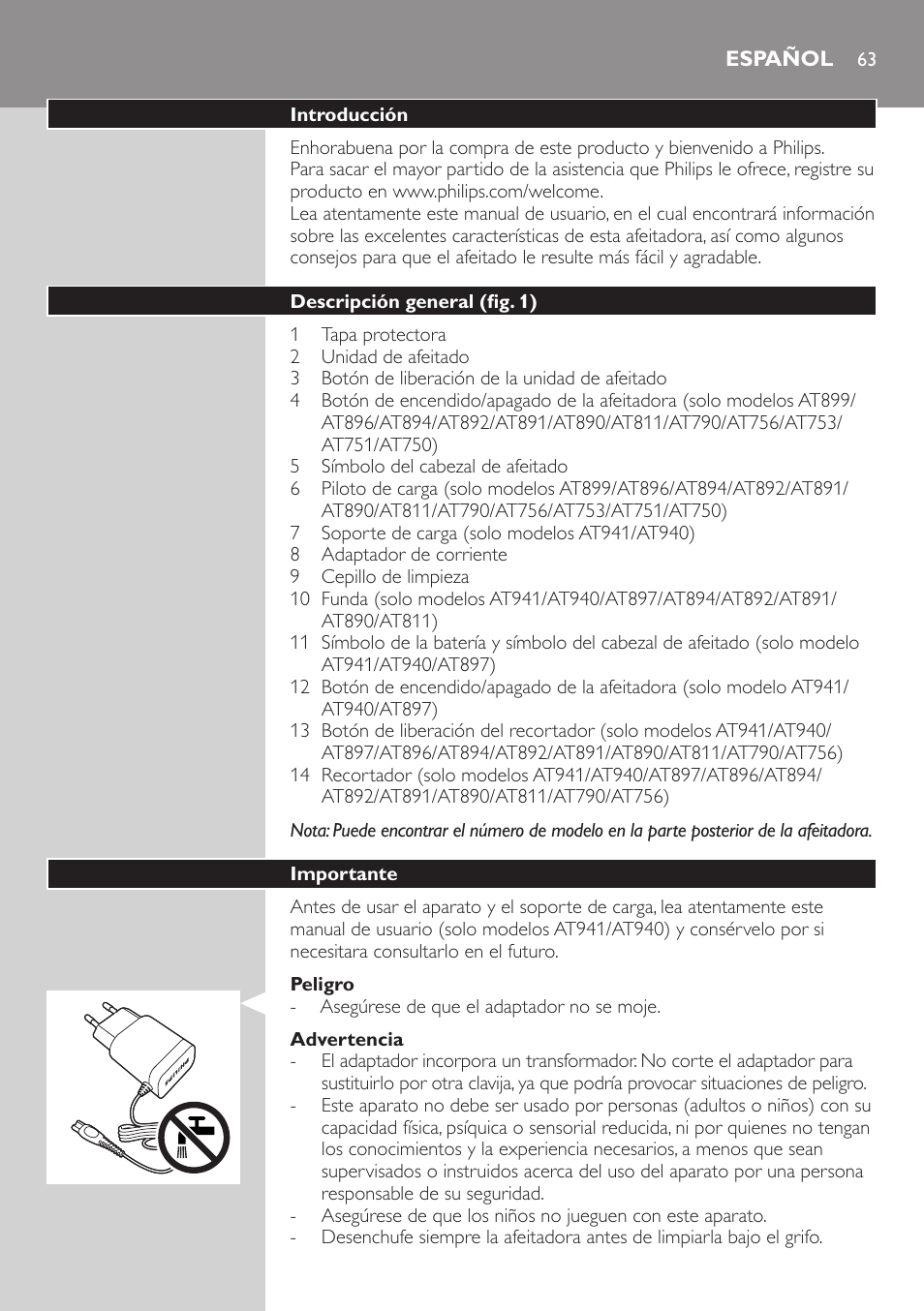 Español | Philips NIVEA AquaTouch afeitadora eléctrica en mojado y seco User Manual | Page 63 / 190