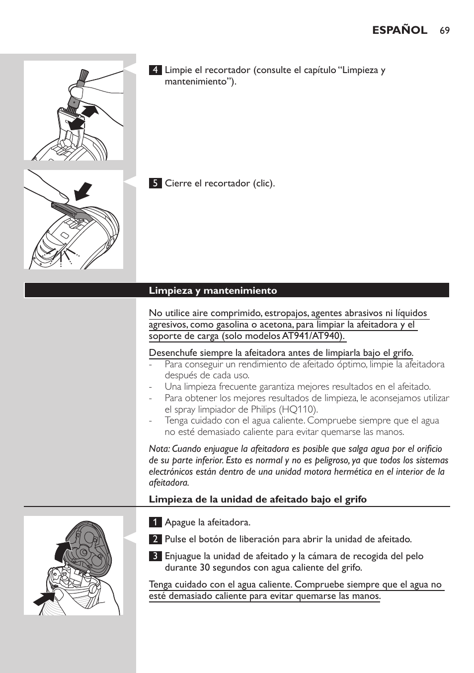 Philips NIVEA AquaTouch afeitadora eléctrica en mojado y seco User Manual | Page 69 / 190