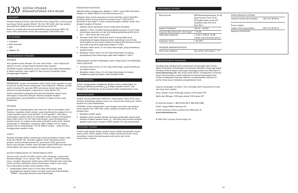 Sistem speaker beramplifikasi dua buah | Altec Lansing 120 User Manual | Page 13 / 21