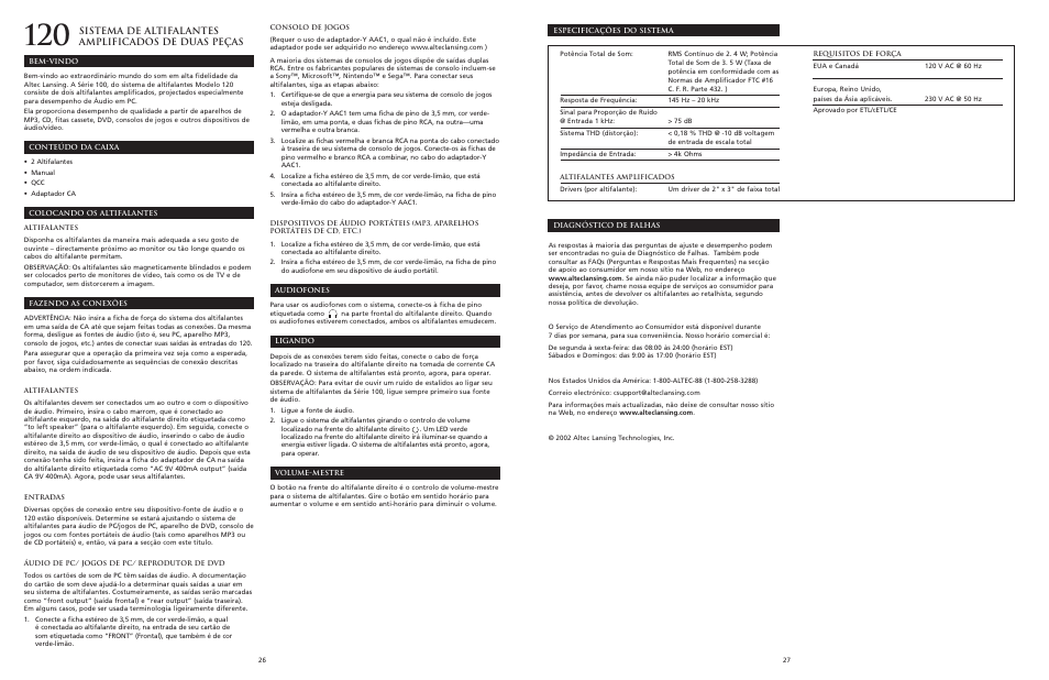 Sistema de altifalantes amplificados de duas peças | Altec Lansing 120 User Manual | Page 15 / 21