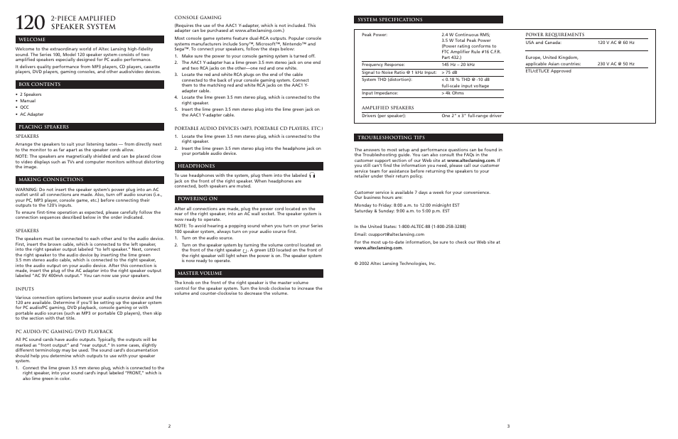 Speaker system, Piece amplified | Altec Lansing 120 User Manual | Page 3 / 21