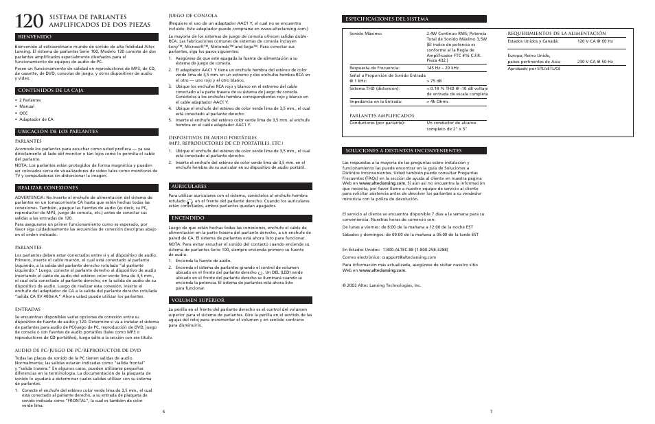 Sistema de parlantes amplificados de dos piezas | Altec Lansing 120 User Manual | Page 5 / 21