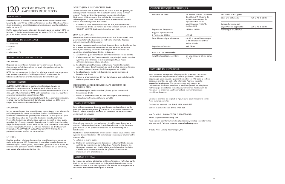 Système d’enceintes amplifiées deux pièces | Altec Lansing 120 User Manual | Page 7 / 21