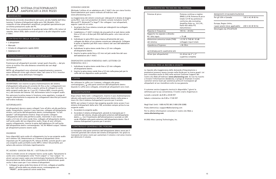 Sistema d’altoparlanti amplificati a due pezzi | Altec Lansing 120 User Manual | Page 9 / 21