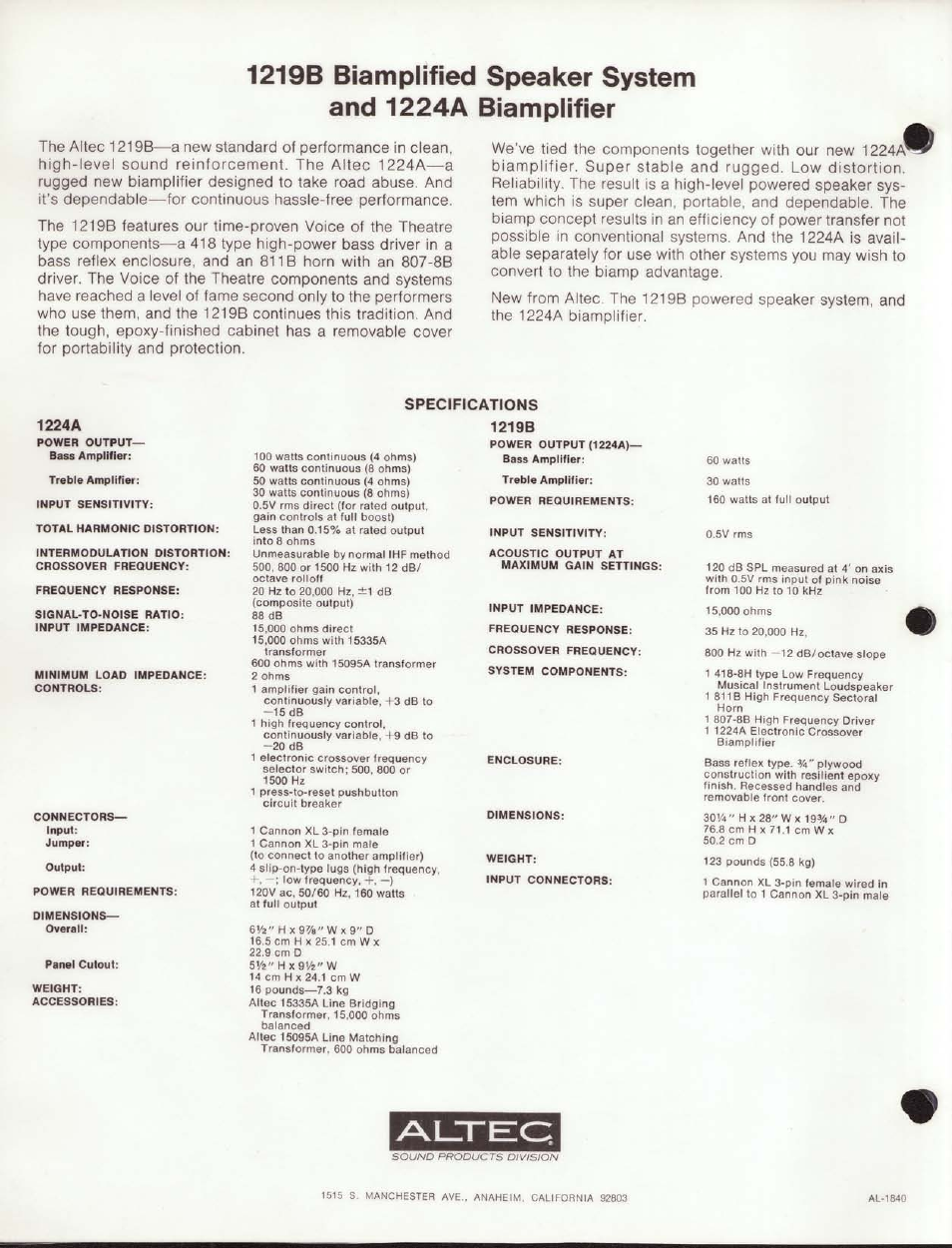 1219b biamplified and1224a, Speaker system biamplifier | Altec Lansing 1224A User Manual | Page 2 / 2