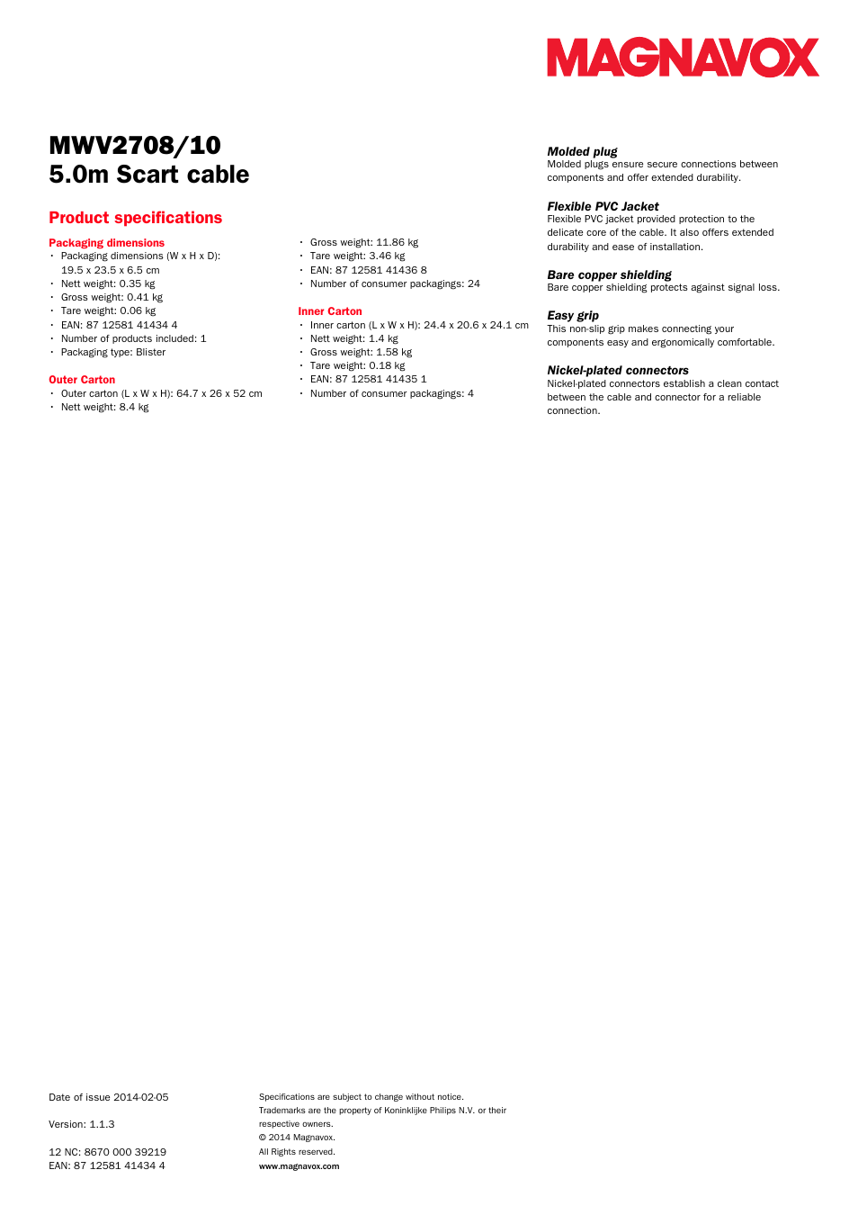 0m scart cable, Product specifications | Philips Magnavox Cable euroconector de 5 m User Manual | Page 2 / 2