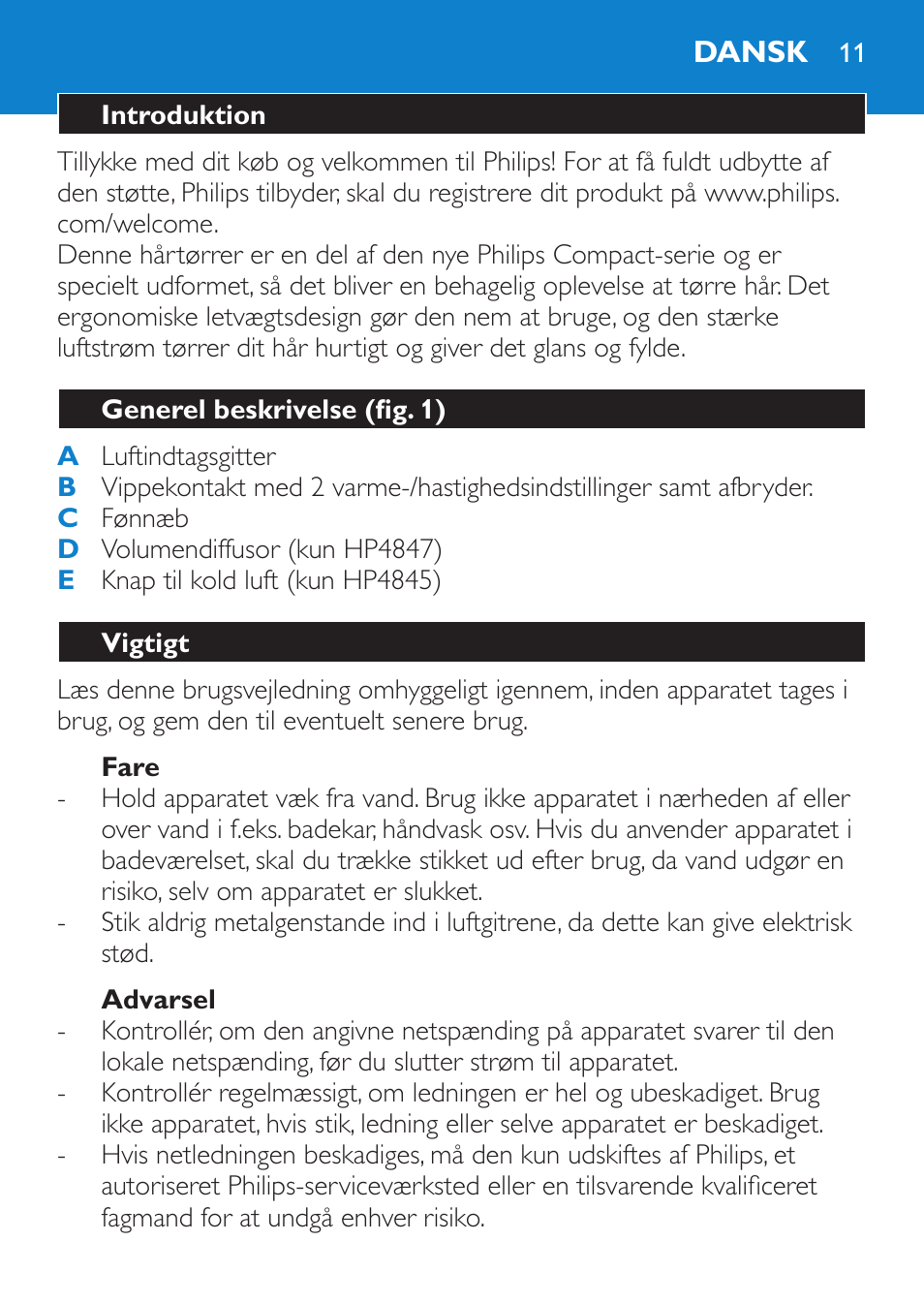 Fare, Advarsel, Dansk | Introduktion, Generel beskrivelse (fig. 1), Vigtigt | Philips Secador User Manual | Page 11 / 84