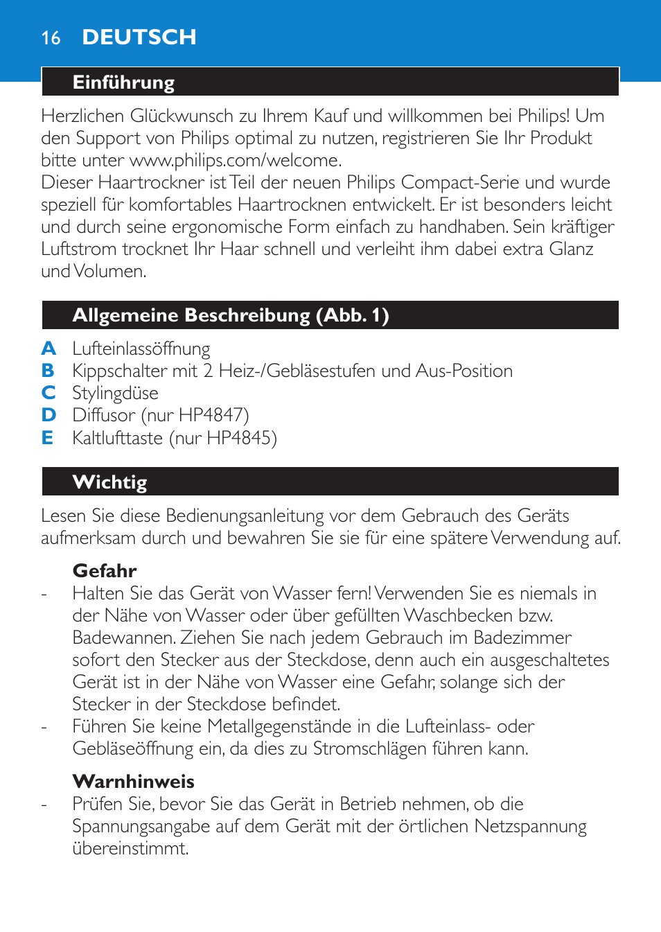 Gefahr, Warnhinweis, Deutsch | Einführung, Allgemeine beschreibung (abb. 1), Wichtig | Philips Secador User Manual | Page 16 / 84