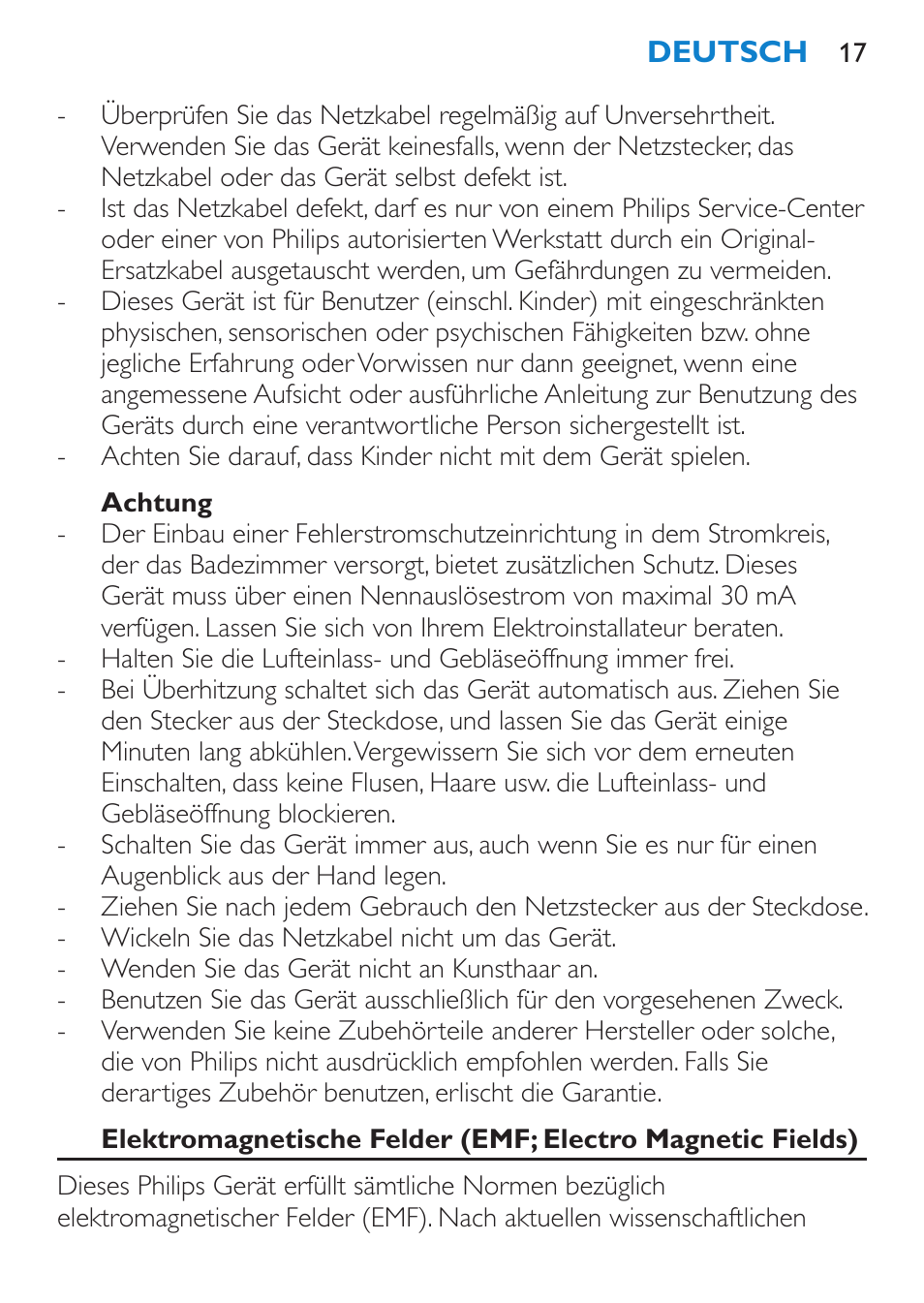 Achtung | Philips Secador User Manual | Page 17 / 84