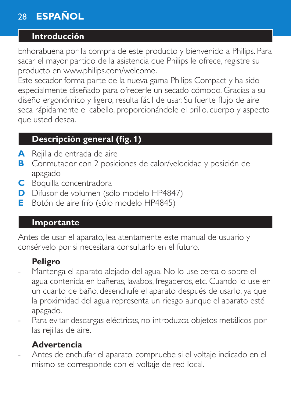 Peligro, Advertencia, Español | Introducción, Descripción general (fig. 1), Importante | Philips Secador User Manual | Page 28 / 84