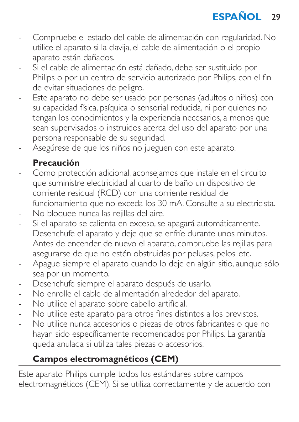 Precaución, Campos electromagnéticos (cem) | Philips Secador User Manual | Page 29 / 84