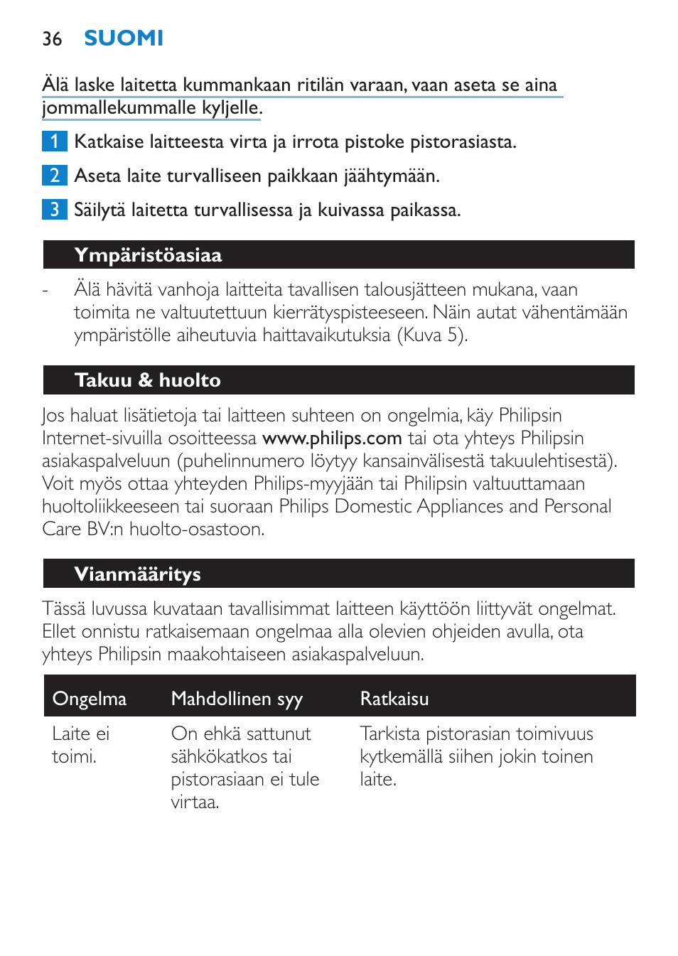 Ympäristöasiaa, Takuu & huolto, Vianmääritys | Philips Secador User Manual | Page 36 / 84