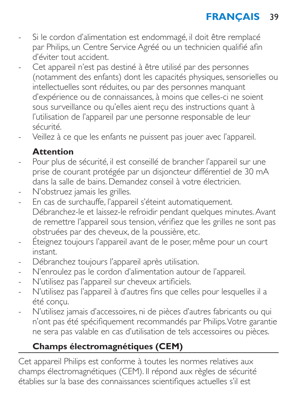 Attention, Champs électromagnétiques (cem) | Philips Secador User Manual | Page 39 / 84