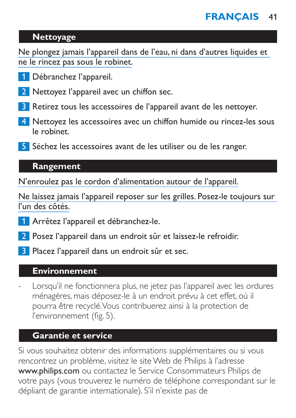 Nettoyage, Rangement, Environnement | Garantie et service | Philips Secador User Manual | Page 41 / 84