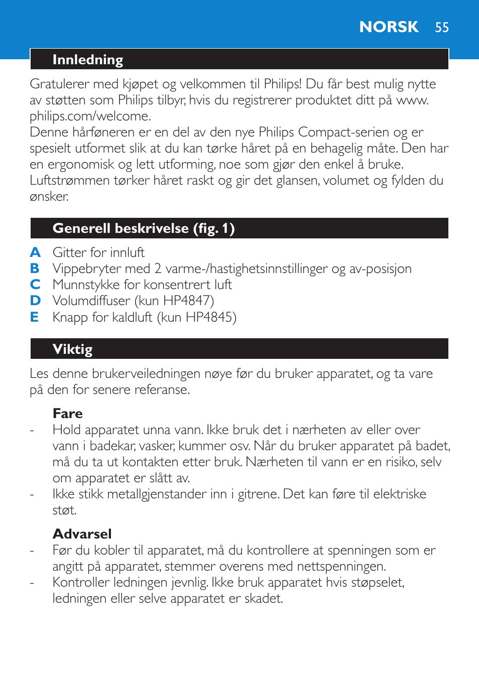 Fare, Advarsel, Norsk | Innledning, Generell beskrivelse (fig. 1), Viktig | Philips Secador User Manual | Page 55 / 84