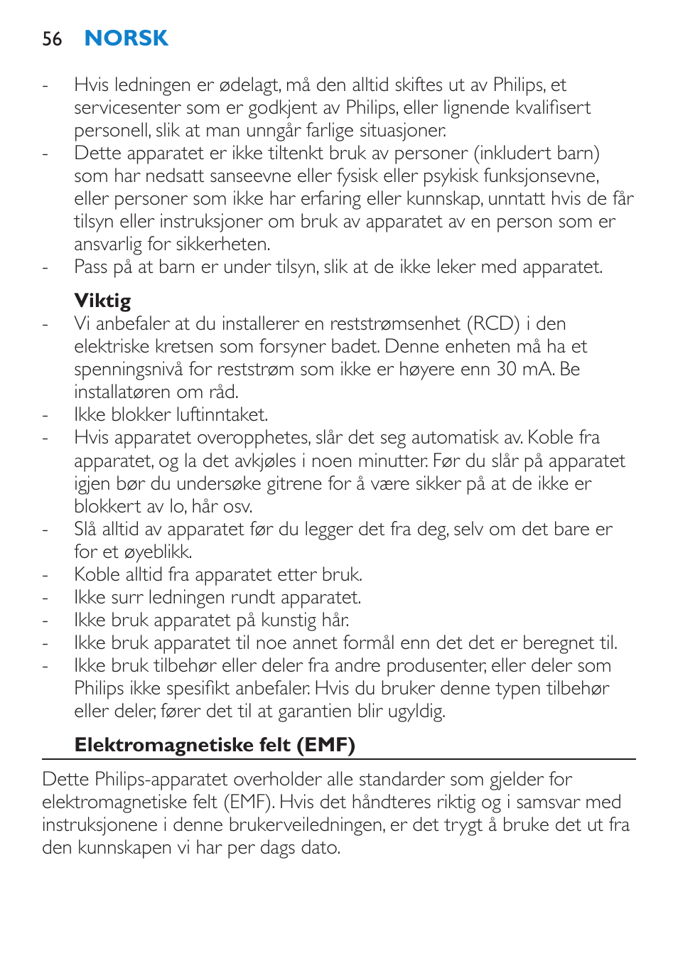 Viktig, Elektromagnetiske felt (emf) | Philips Secador User Manual | Page 56 / 84