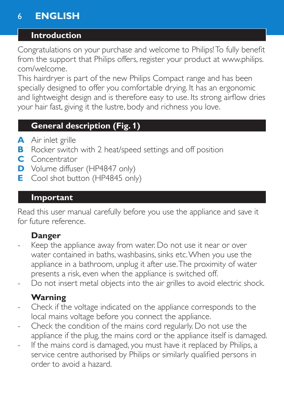 English, Introduction, General description (fig. 1) | Important, Danger, Warning | Philips Secador User Manual | Page 6 / 84