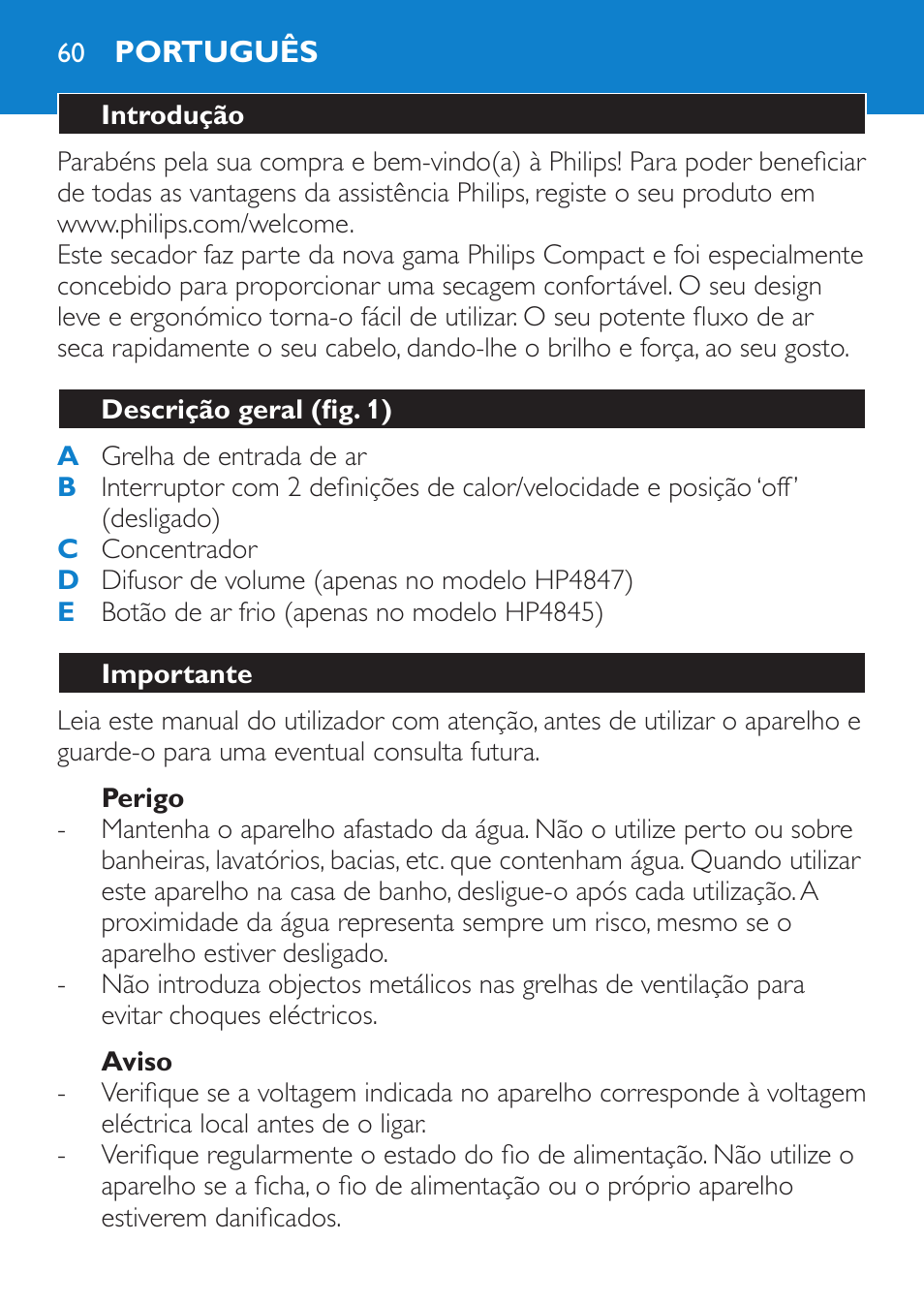 Perigo, Aviso, Português | Introdução, Descrição geral (fig. 1), Importante | Philips Secador User Manual | Page 60 / 84