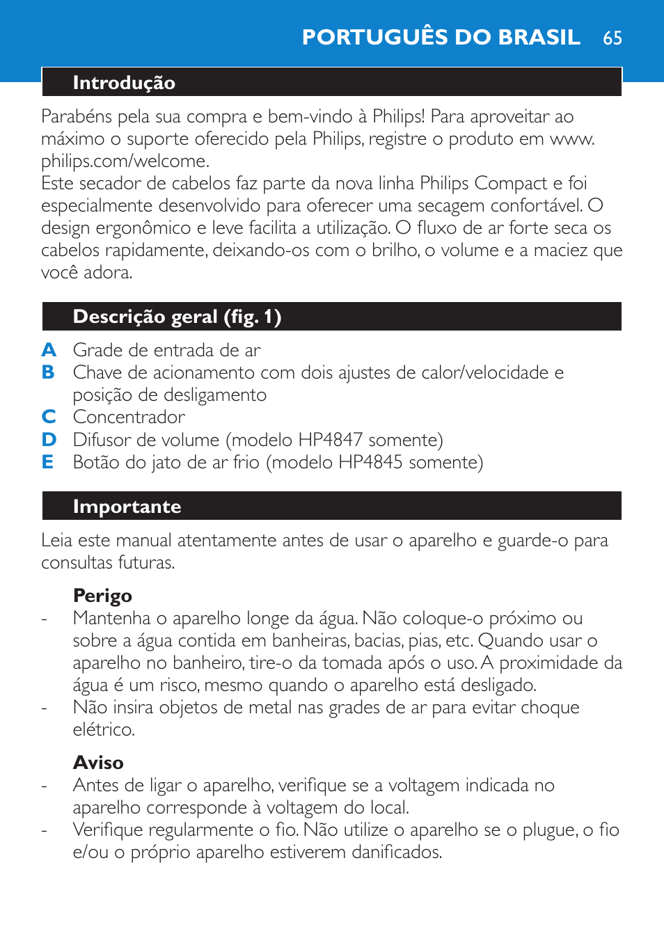 Perigo, Aviso, Português do brasil | Introdução, Descrição geral (fig. 1), Importante | Philips Secador User Manual | Page 65 / 84