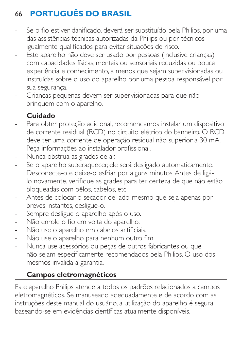 Cuidado, Campos eletromagnéticos | Philips Secador User Manual | Page 66 / 84