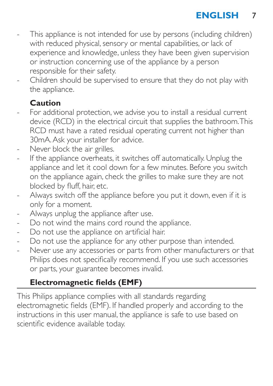 Caution, Electromagnetic fields (emf) | Philips Secador User Manual | Page 7 / 84