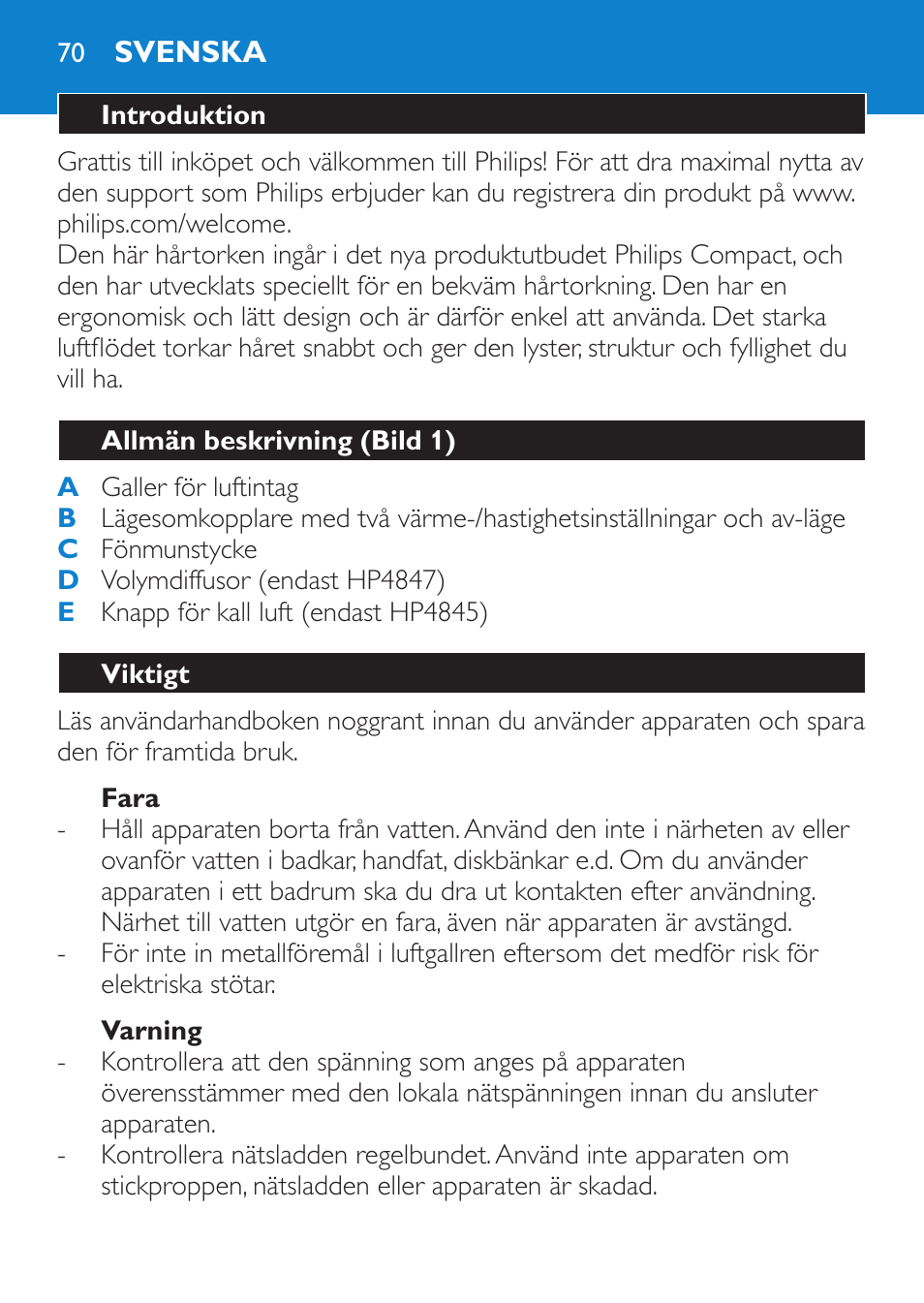 Fara, Varning, Svenska | Introduktion, Allmän beskrivning (bild 1), Viktigt | Philips Secador User Manual | Page 70 / 84