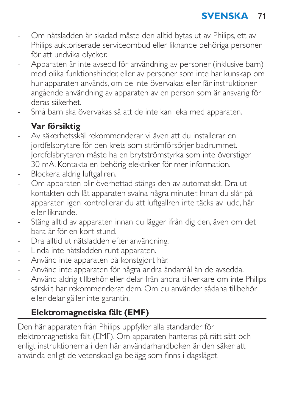 Var försiktig, Elektromagnetiska fält (emf) | Philips Secador User Manual | Page 71 / 84
