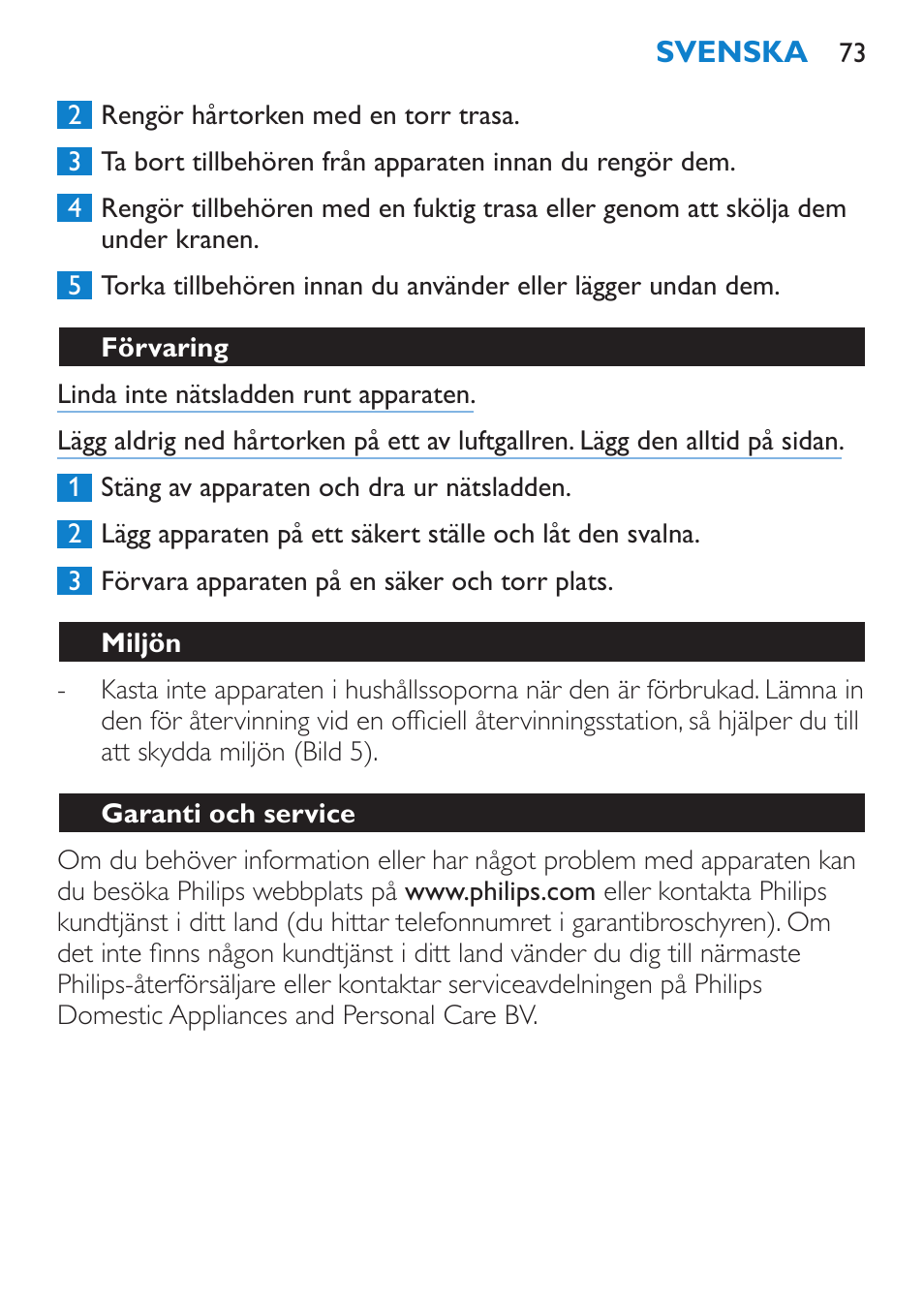 Förvaring, Miljön, Garanti och service | Felsökning | Philips Secador User Manual | Page 73 / 84