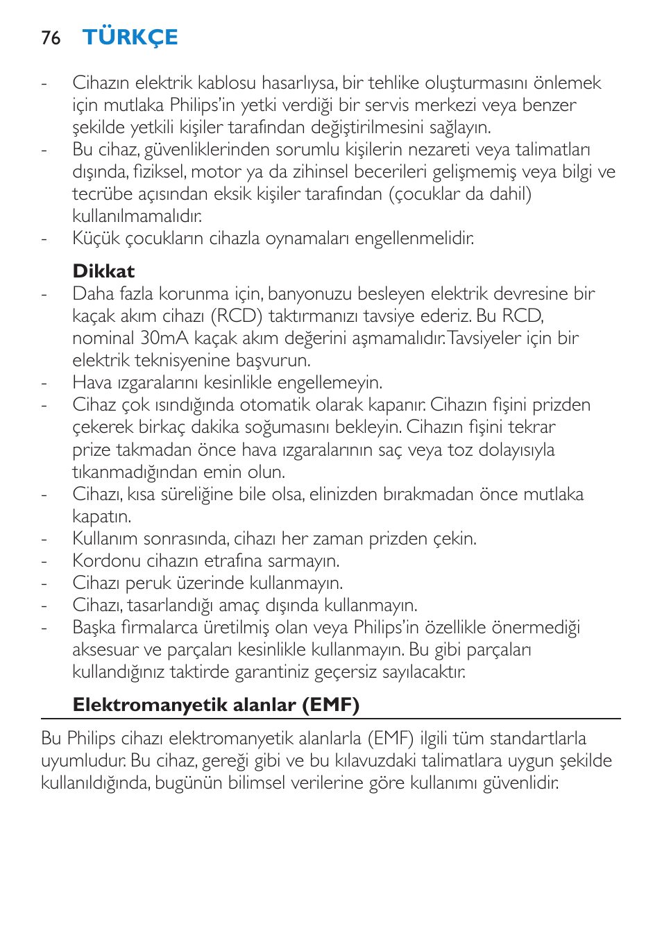 Dikkat, Elektromanyetik alanlar (emf) | Philips Secador User Manual | Page 76 / 84