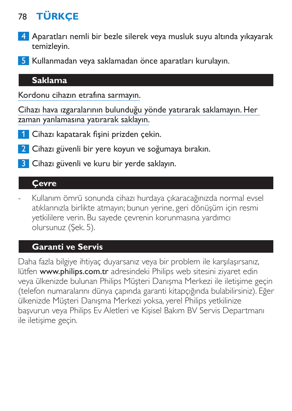 Saklama, Çevre, Garanti ve servis | Sorun giderme | Philips Secador User Manual | Page 78 / 84
