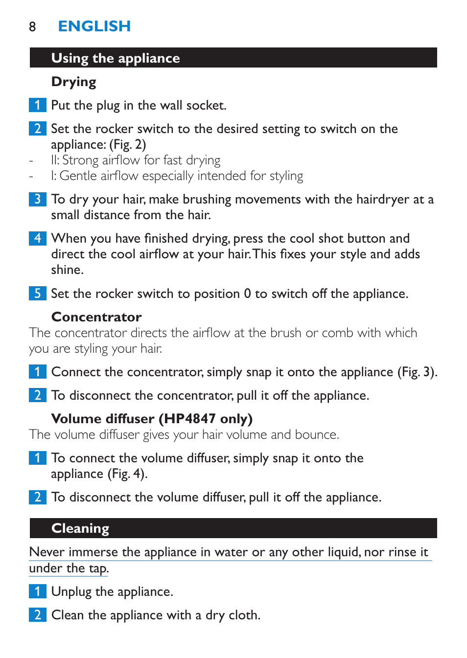 Drying, Concentrator, Volume diffuser (hp4847 only) | Using the appliance, Cleaning | Philips Secador User Manual | Page 8 / 84