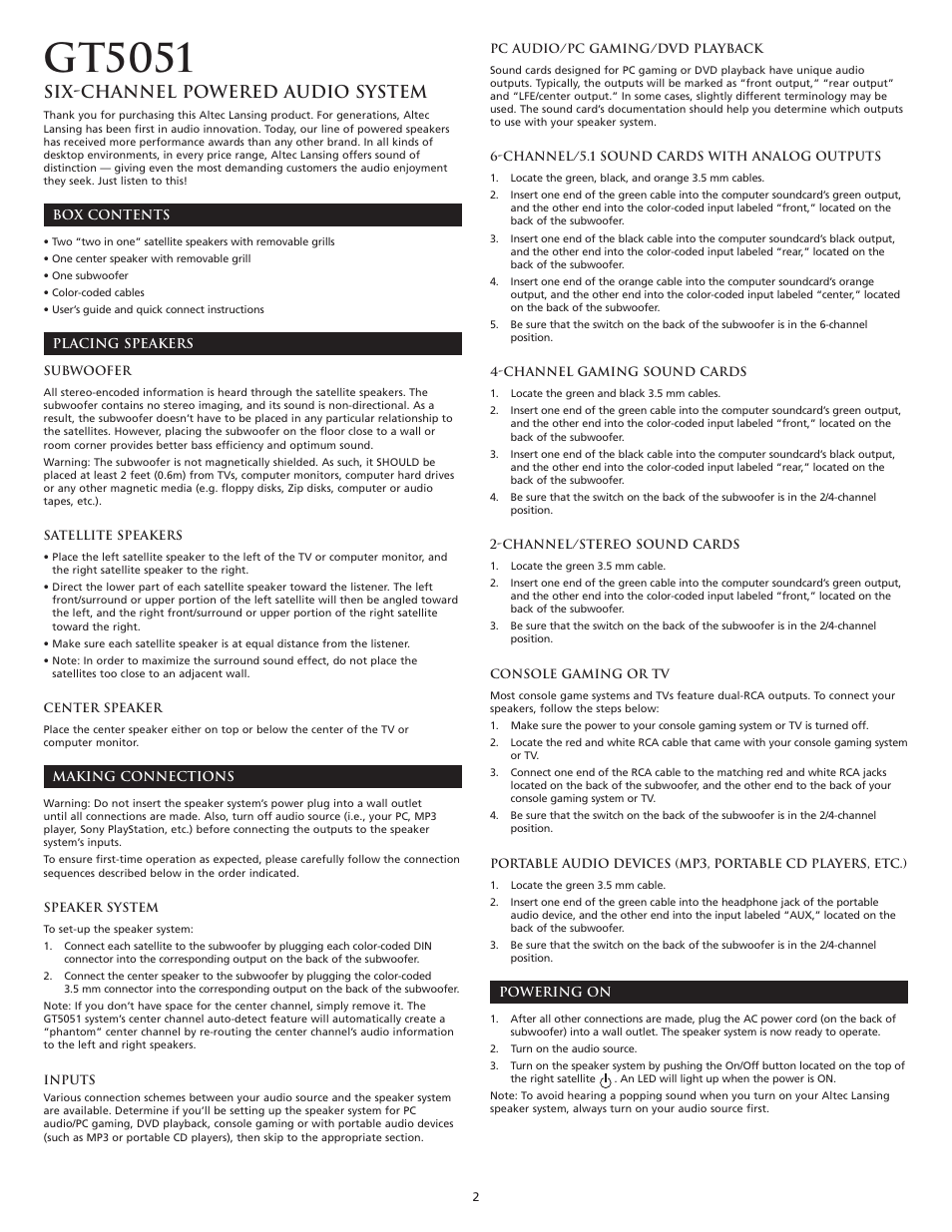 Gt5051, Six-channel powered audio system | Altec Lansing GT5051 User Manual | Page 4 / 20