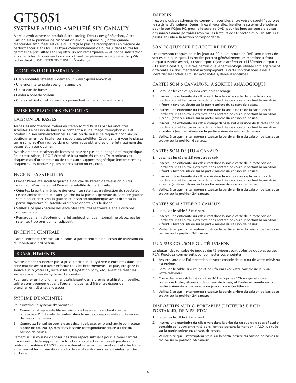 Gt5051, Système audio amplifié six canaux | Altec Lansing GT5051 User Manual | Page 8 / 20