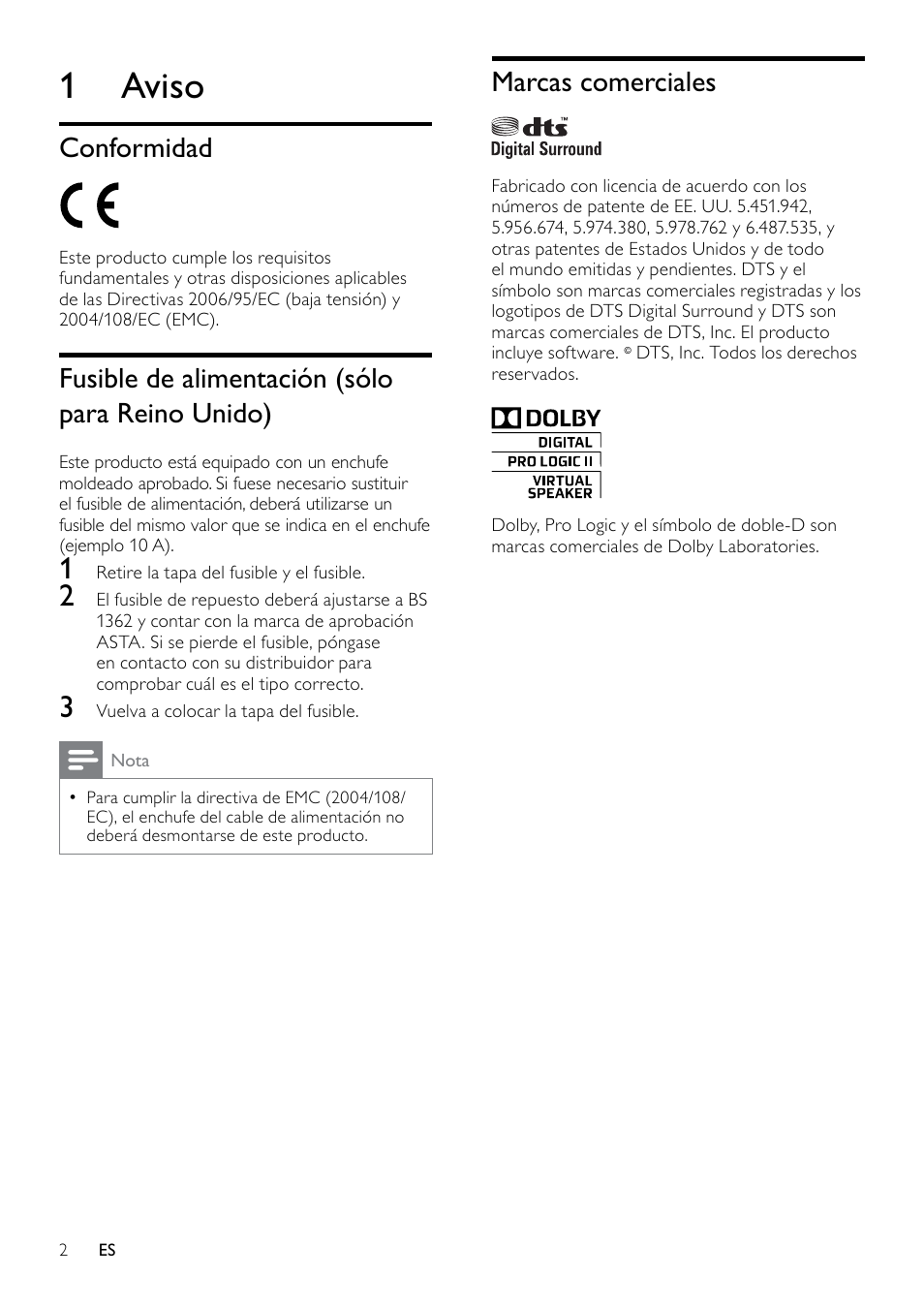 1 aviso, Conformidad, Fusible de alimentación (sólo para reino unido) | Marcas comerciales | Philips Sistema de cine en casa User Manual | Page 4 / 13