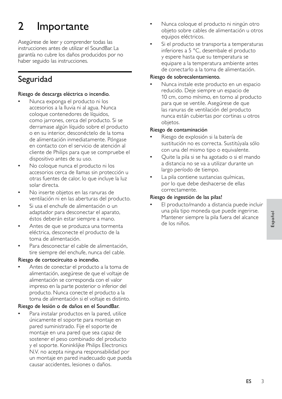 2 importante, Seguridad, Cuidado del producto | Philips Sistema de cine en casa User Manual | Page 5 / 13
