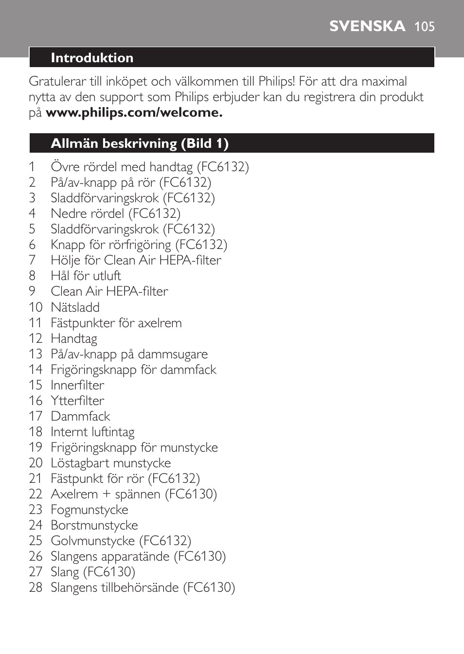 Svenska, Svenska 10 | Philips MiniVac Aspirador de escoba User Manual | Page 105 / 124