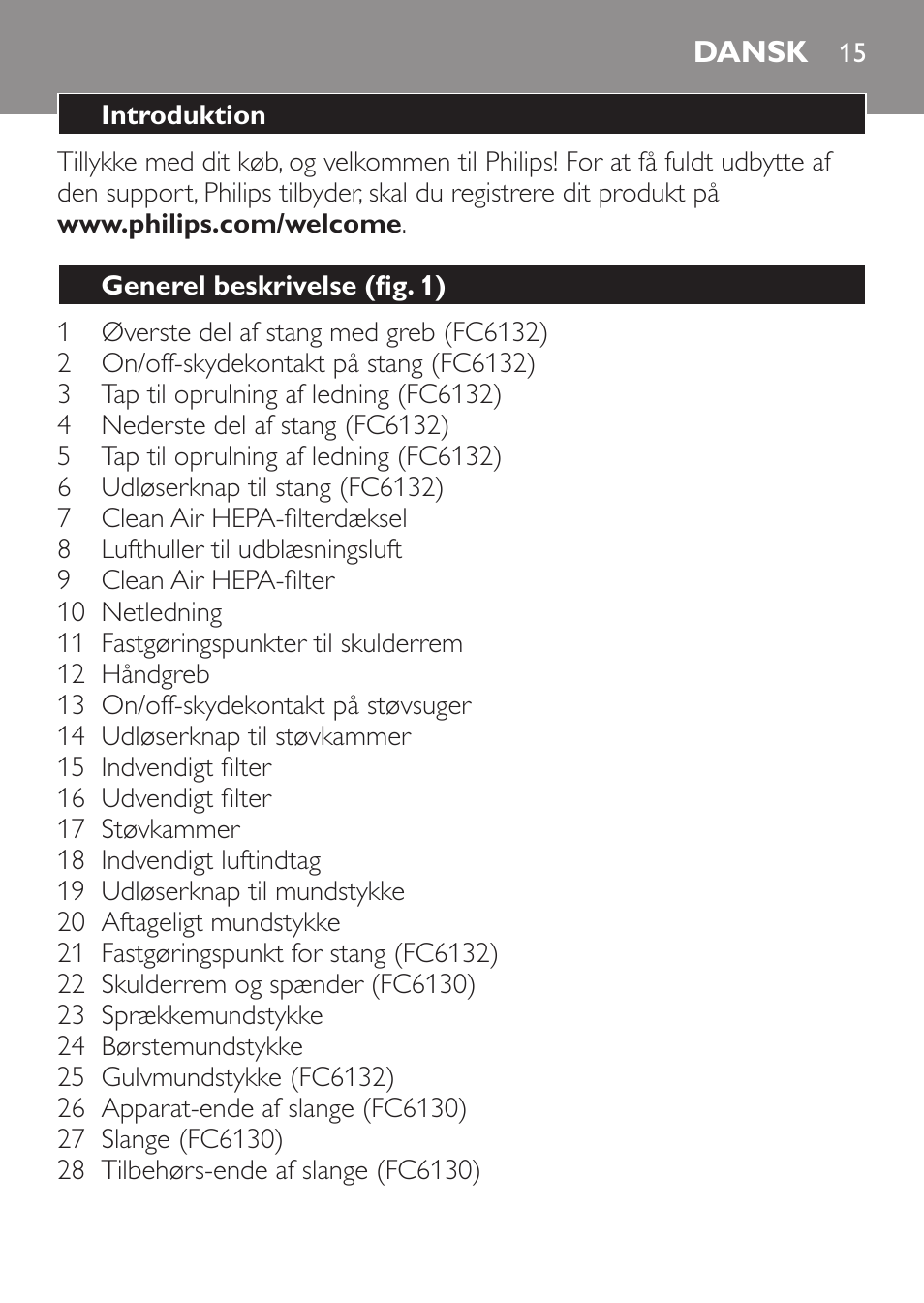 Dansk | Philips MiniVac Aspirador de escoba User Manual | Page 15 / 124