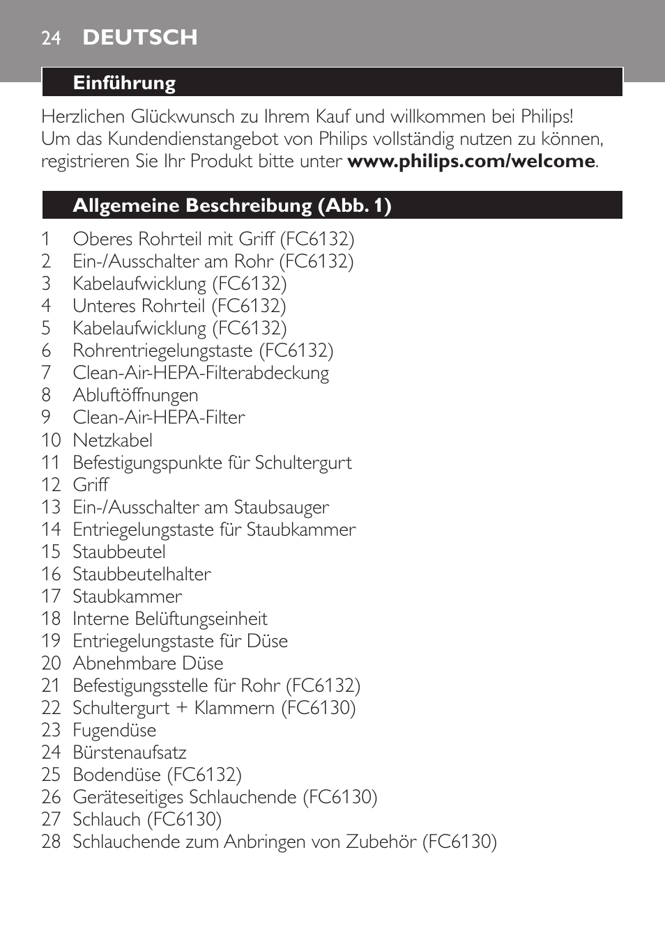 Deutsch, Deutsch 24 | Philips MiniVac Aspirador de escoba User Manual | Page 24 / 124